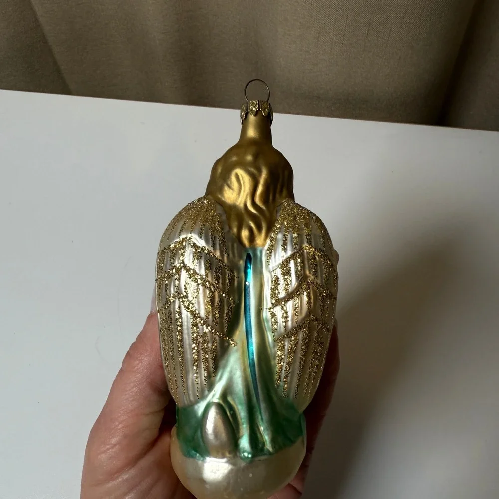 Praying Angel Glass Christmas Ornament Gold Green‎ Glitter Wings Vintage Style